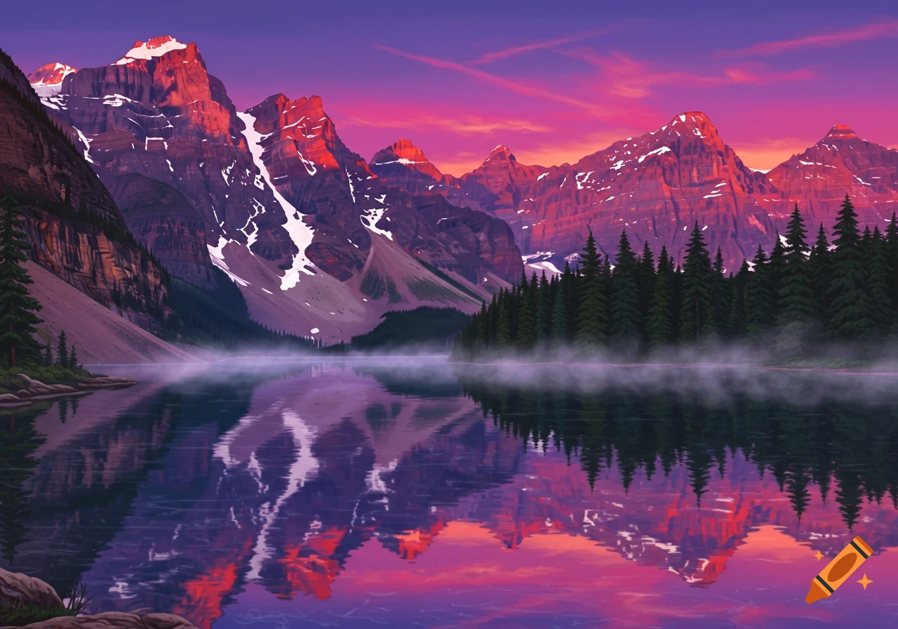 Vibrant stylized landscape of mountains reflecting in a foggy lake lined with pine trees under a purple and pink sky.