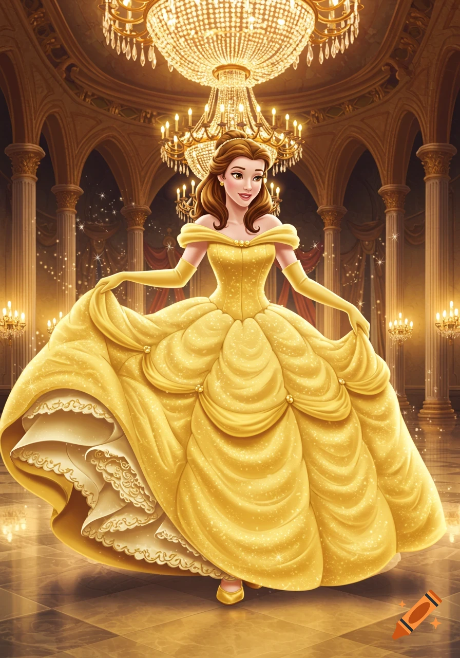 Princess Belle in a sparkling yellow ball gown, lifting her skirt, in a grand ballroom with chandeliers. Cartoon style.