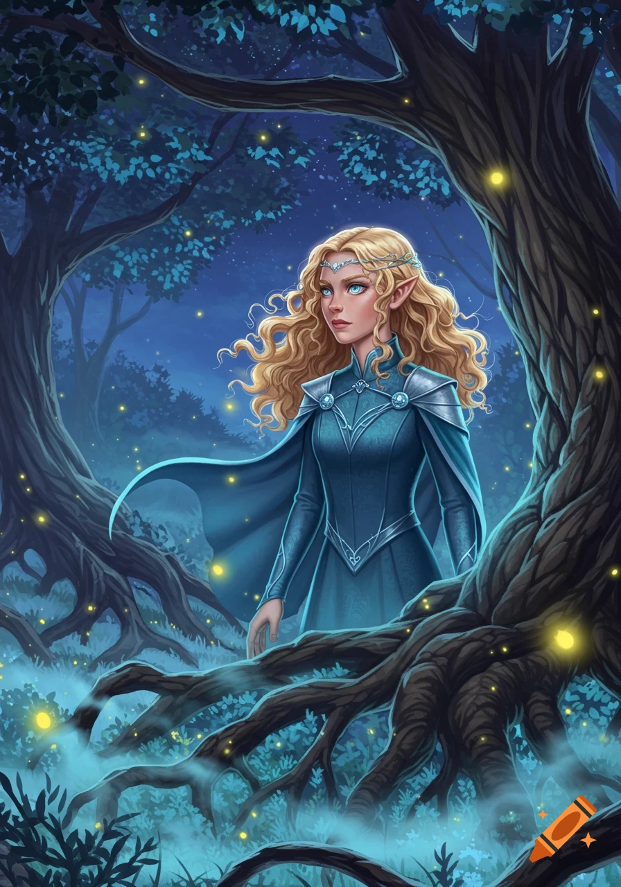 A blonde elf woman in a blue and silver outfit stands in a misty, magical forest at night, surrounded by glowing lights and ancient tree roots.