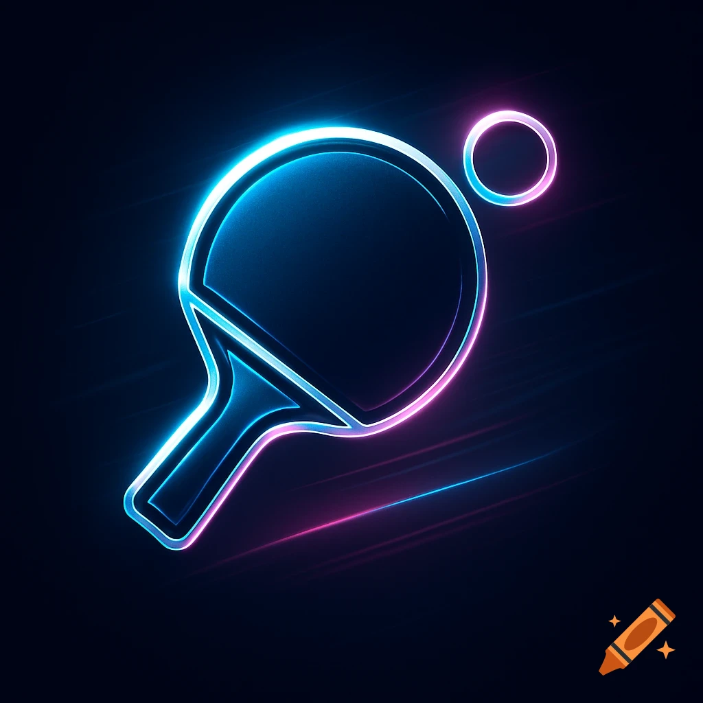 A futuristic neon logo of a table tennis paddle and ball, glowing in blue and pink against a dark background.