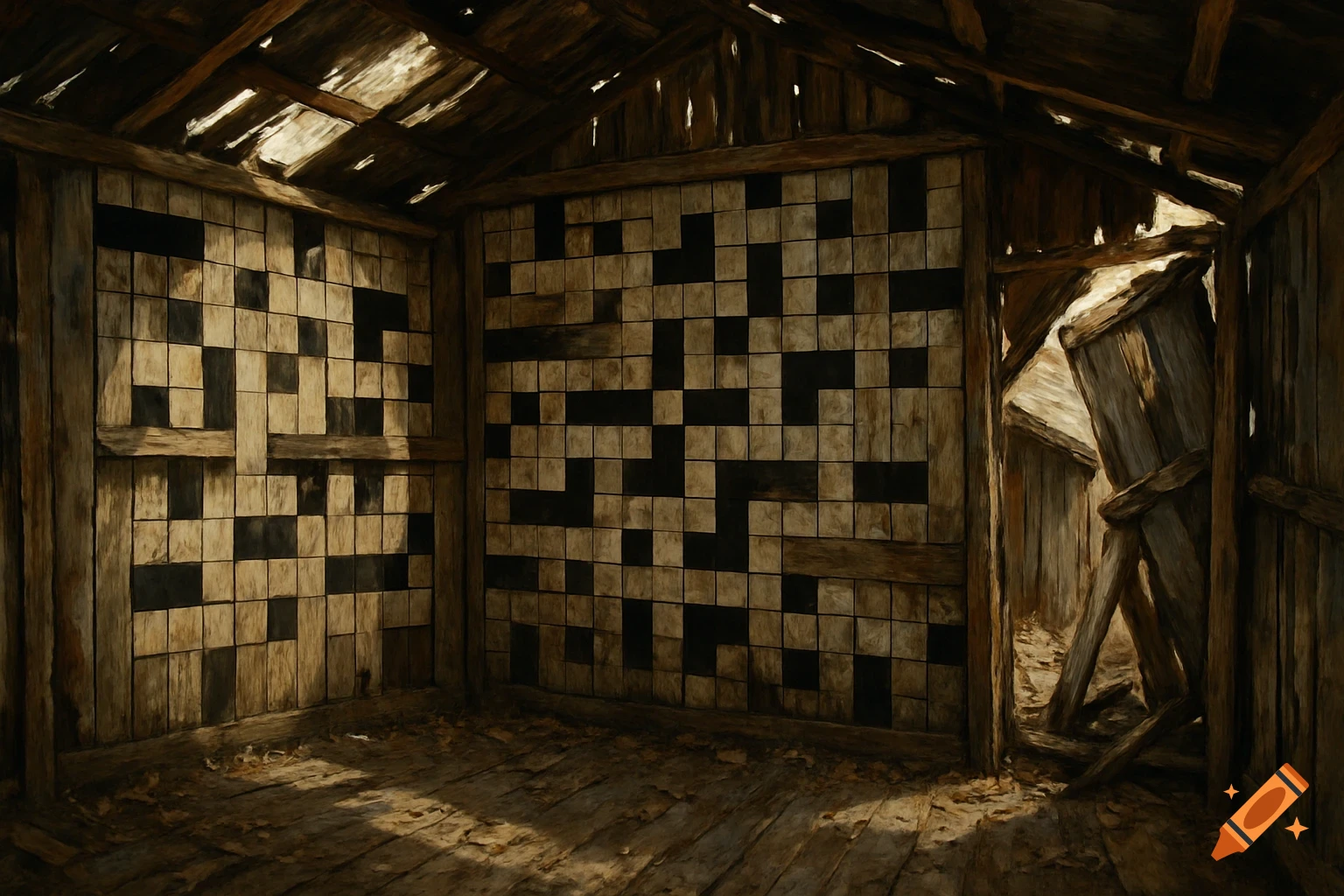 Interior of a dilapidated wooden shed with walls covered in a checkerboard pattern resembling a crossword grid.