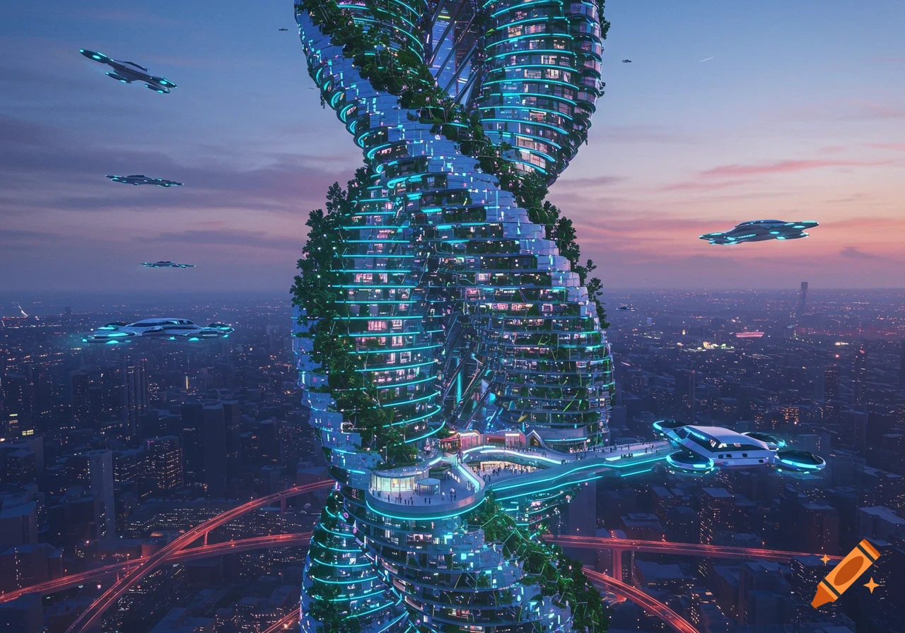 A futuristic DNA-helix skyscraper with glowing blue lights and green foliage towers over a city at dusk, with flying vehicles.