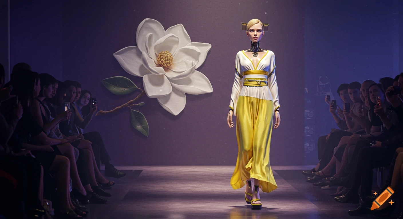 A blonde cyborg model in a white and yellow Japanese-style dress walks a purple-lit fashion runway with a large magnolia flower on the wall and an audience.