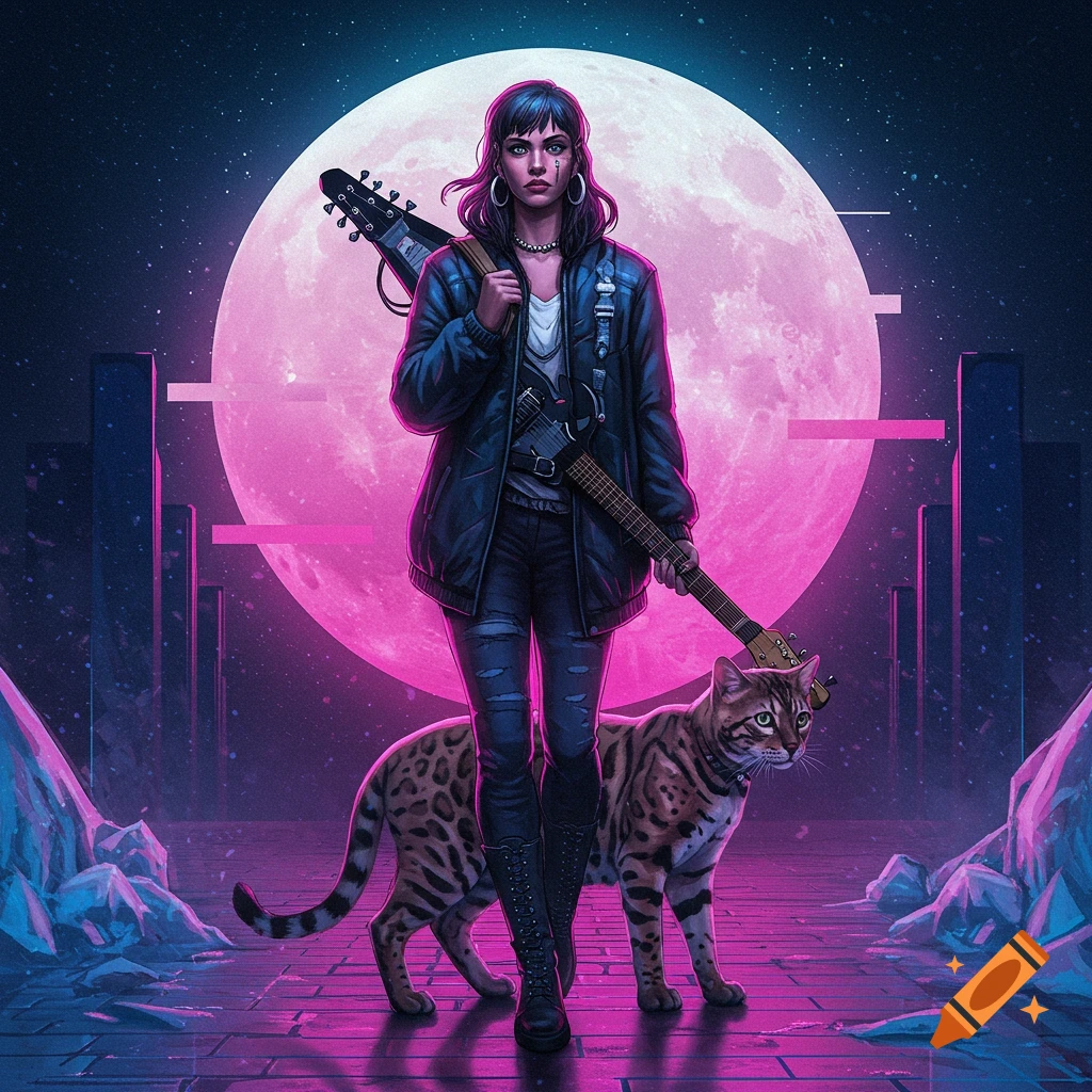 A stylish woman with a guitar and a Bengal cat stands under a large pink moon, with a neon-lit cityscape in the background.
