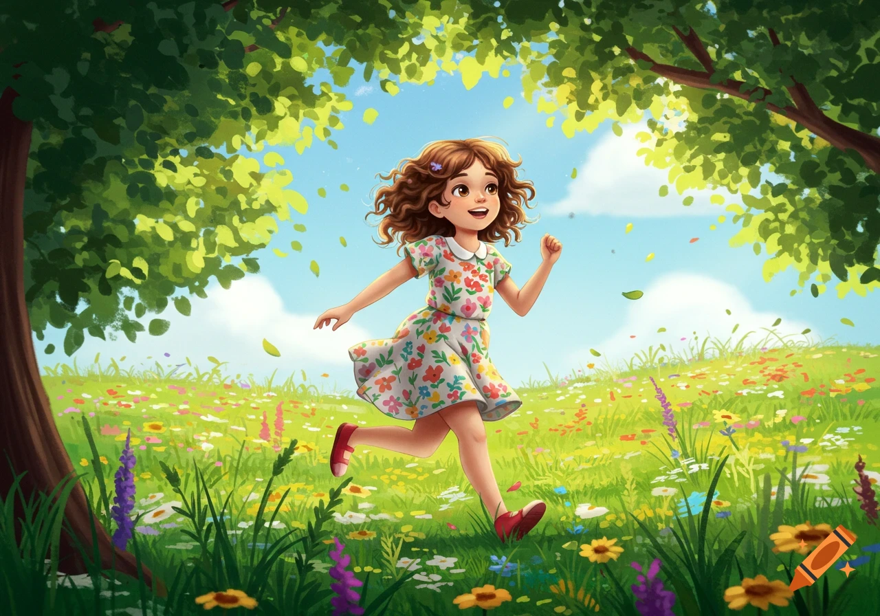 A cheerful young girl with curly brown hair runs through a vibrant, sunny meadow filled with colorful flowers and green trees, illustrated.
