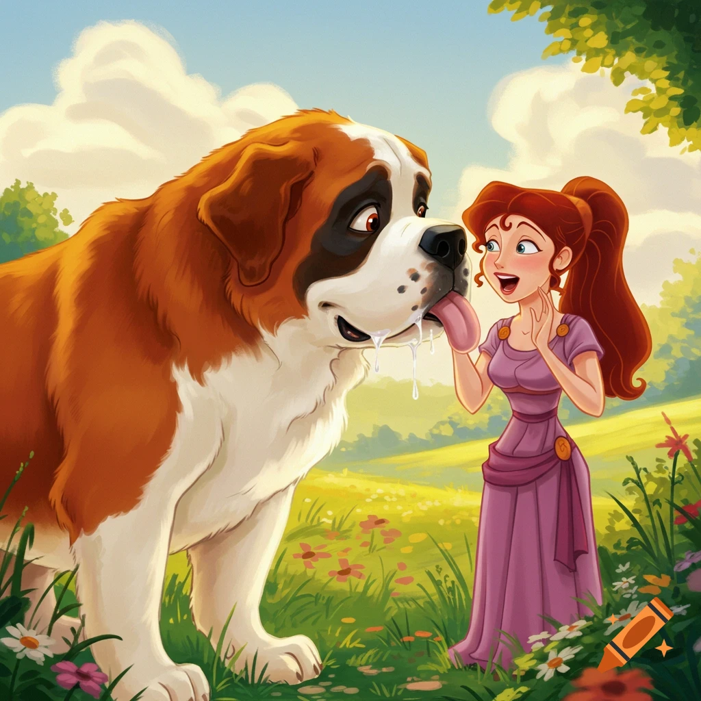 A huge cartoon St. Bernard dog with slobber licks the cheek of Disney's Megara in a bright, flowery field.
