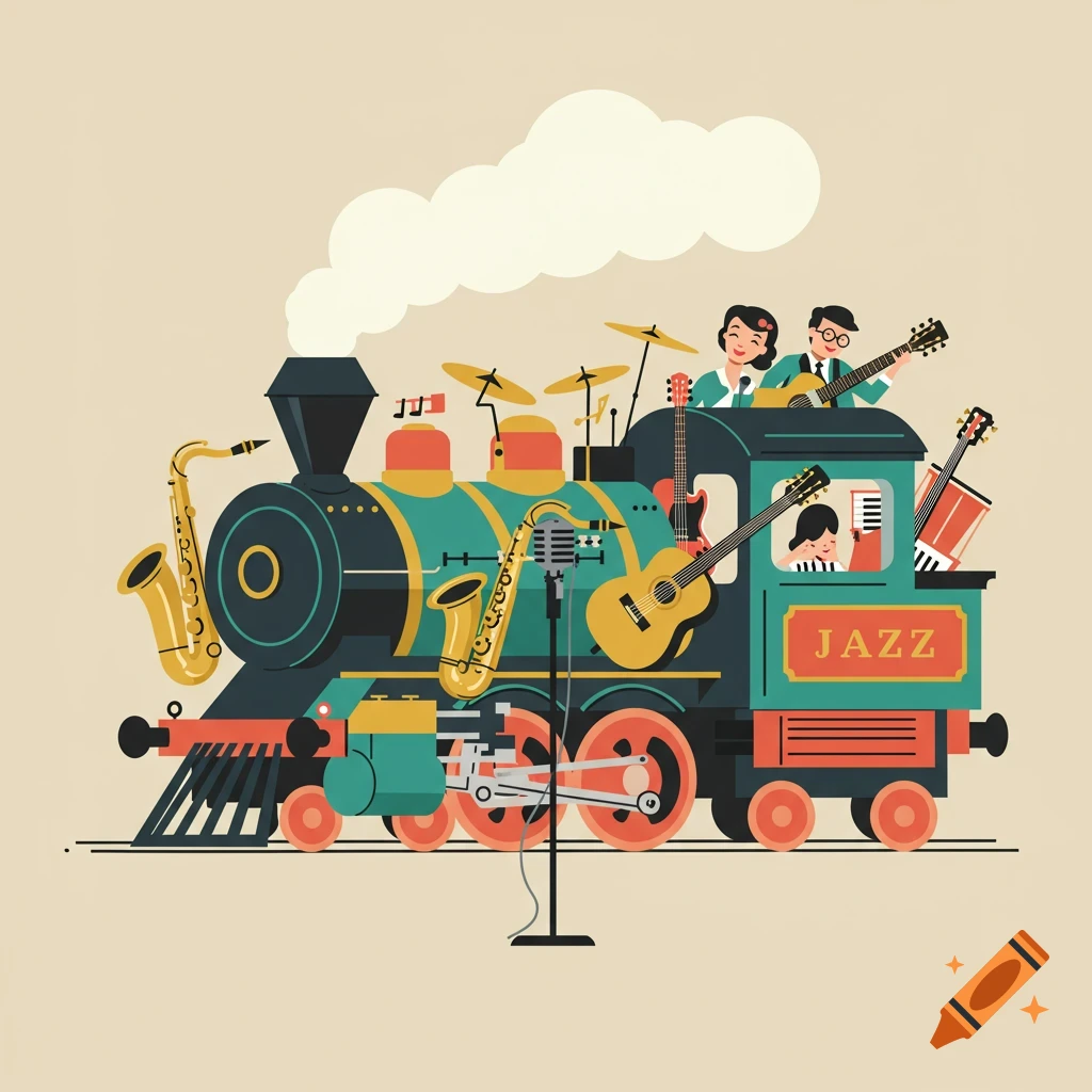 A cartoon illustration of a jazz band playing instruments like saxophones, guitars, and drums on a brightly colored steam train, with 'JAZZ' on its side.
