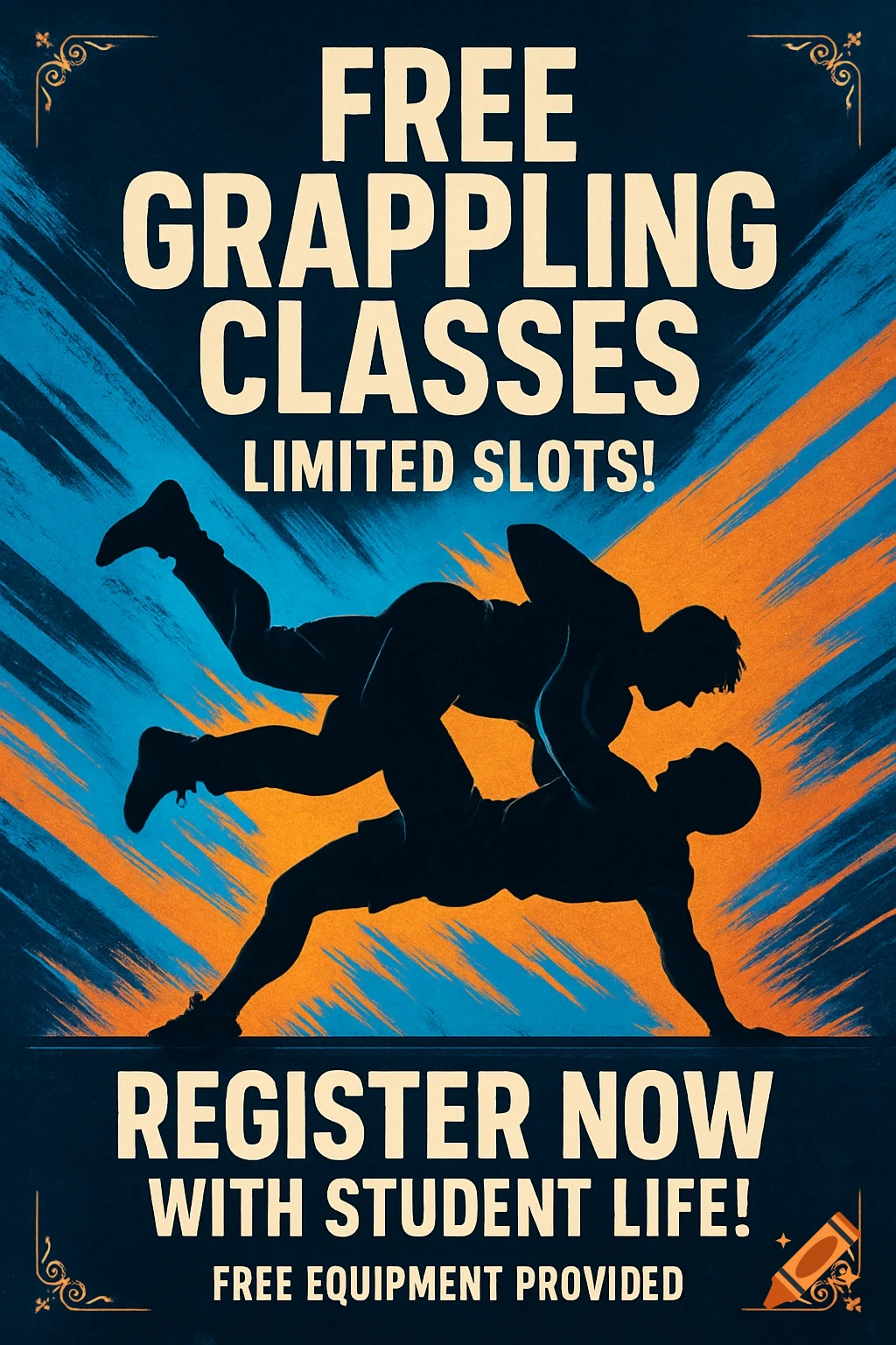 A blue and orange promotional poster for free grappling classes, showing two silhouetted figures grappling.