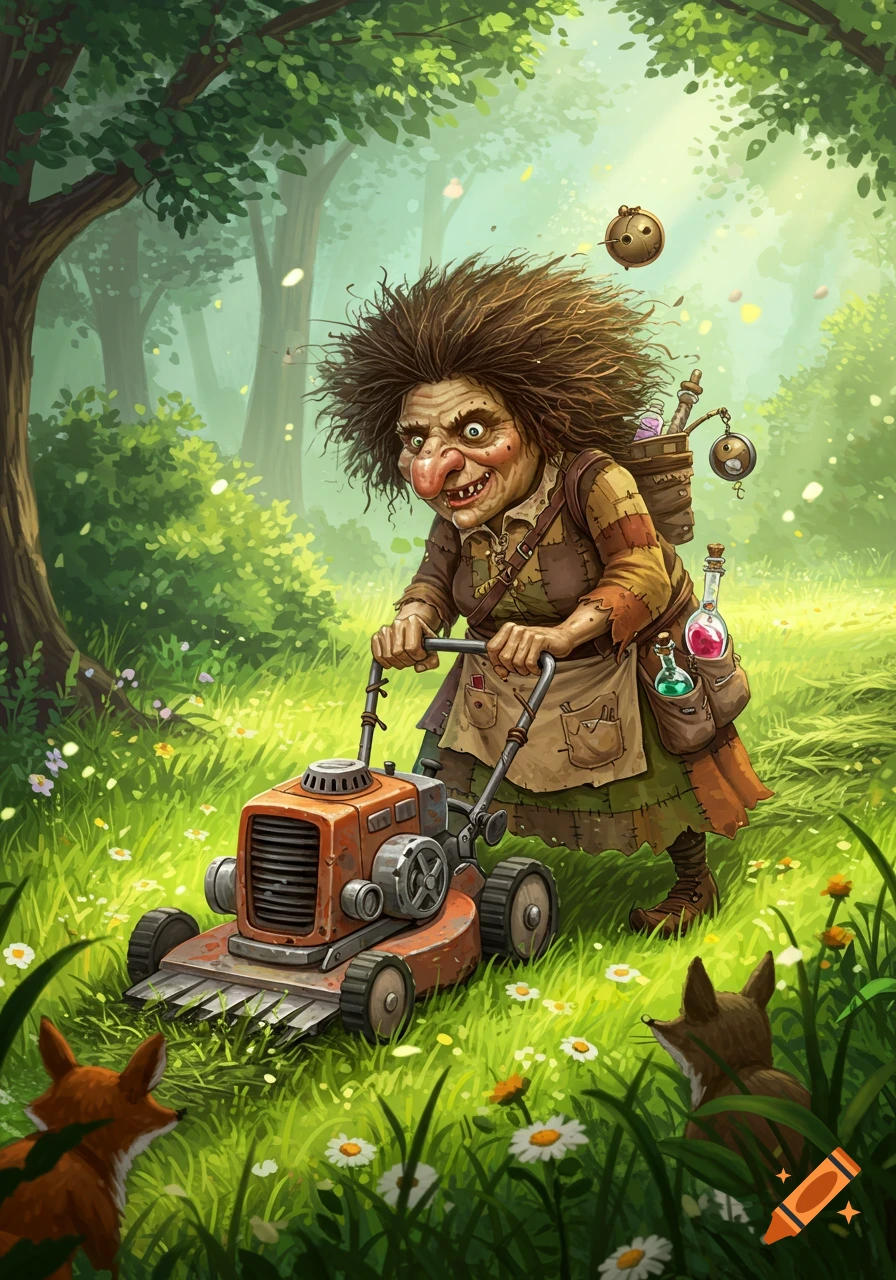 An ugly witch with messy hair pushes a rusty lawnmower through a vibrant green forest clearing with flowers. Two small foxes watch from grass.