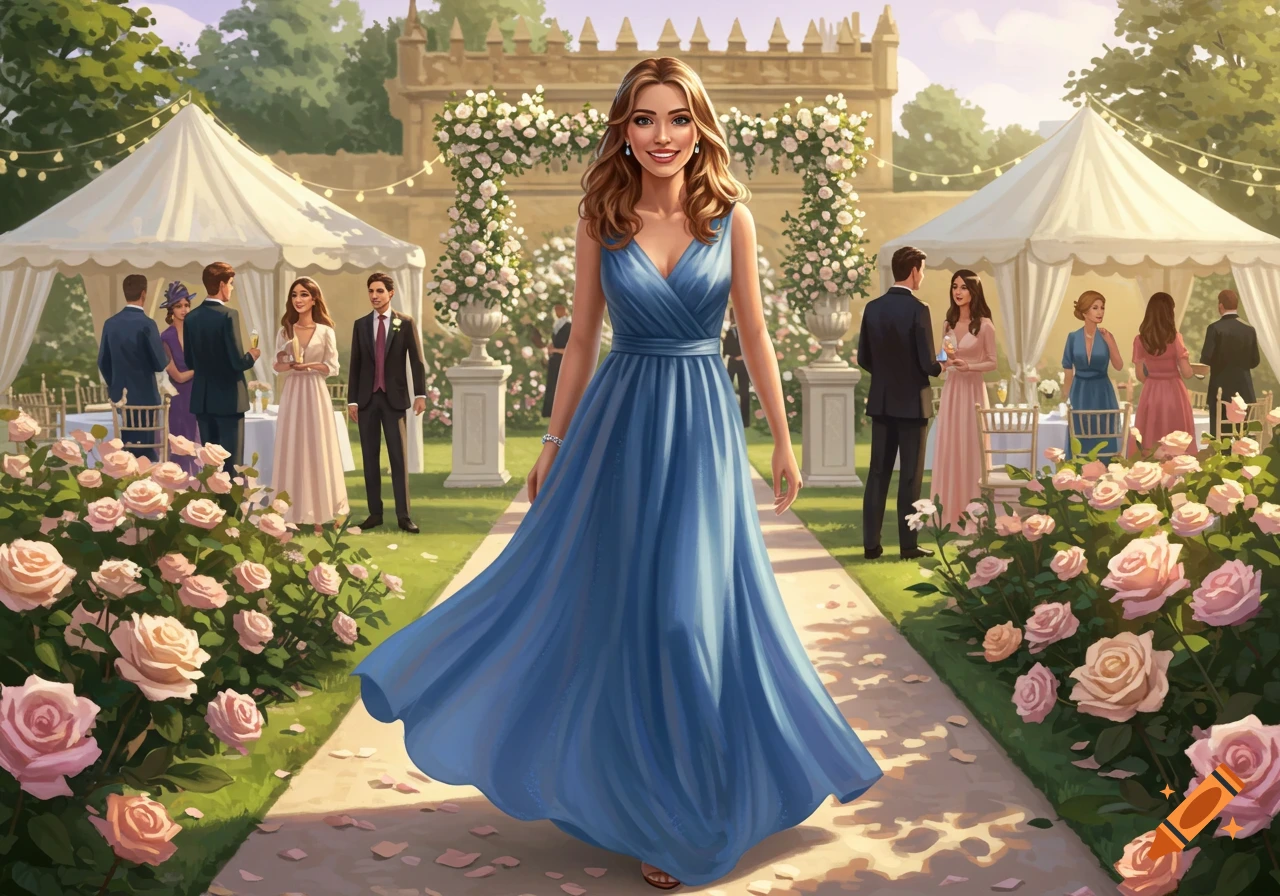 A woman in a blue gown walks down a rose-lined path at an outdoor wedding event with guests and tents in the background, in an illustrative style.