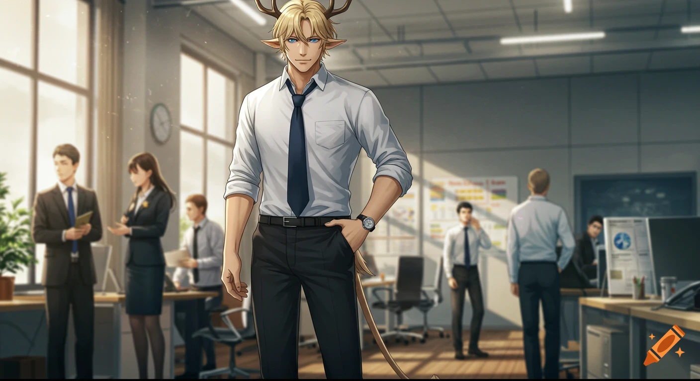 Anime-style blond satyr in a white shirt and black tie stands in an office with colleagues.