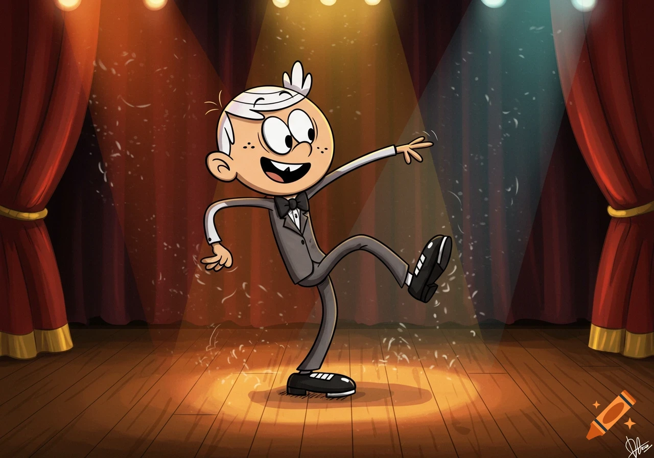 Lincoln Loud, an animated character, tap dances on a spotlighted wooden stage with red curtains.