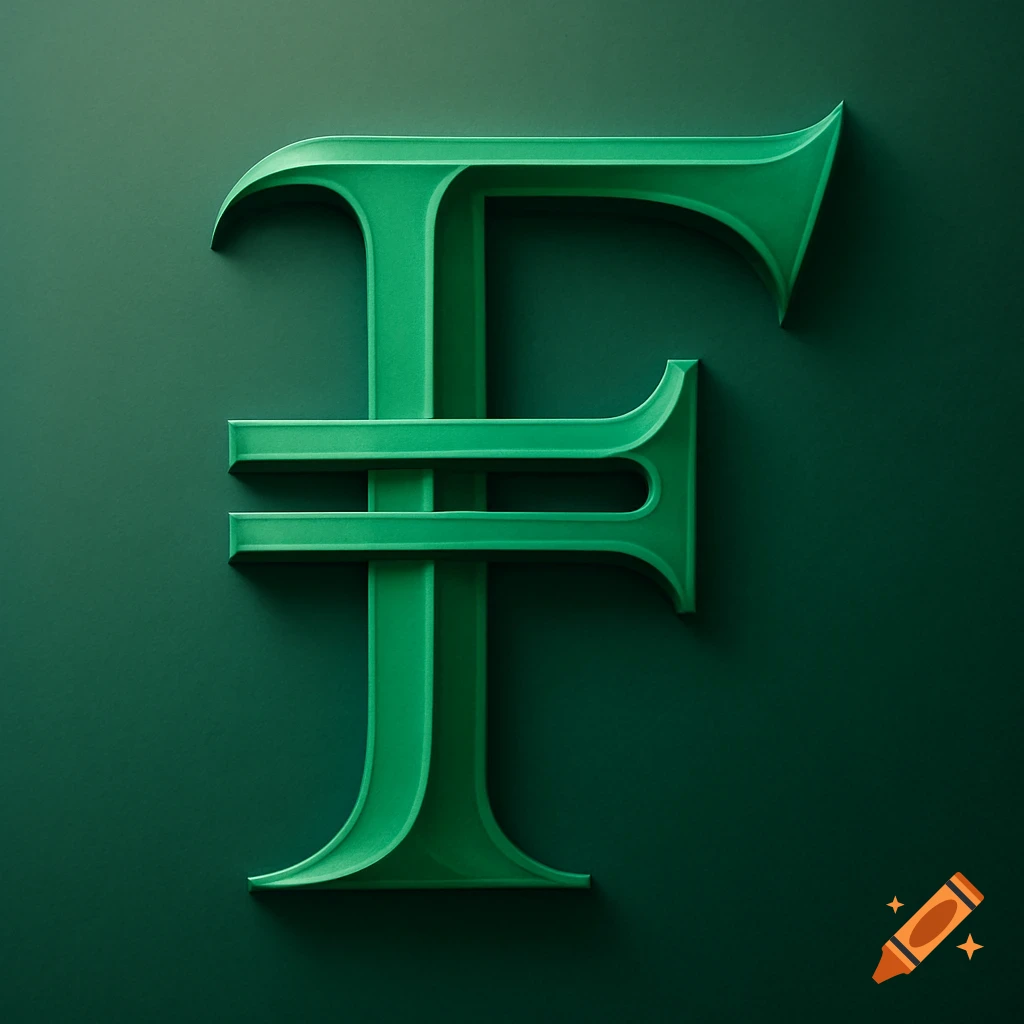 A vibrant green, stylized letter F with decorative, embossed horizontal elements, casting shadows on a dark green background.