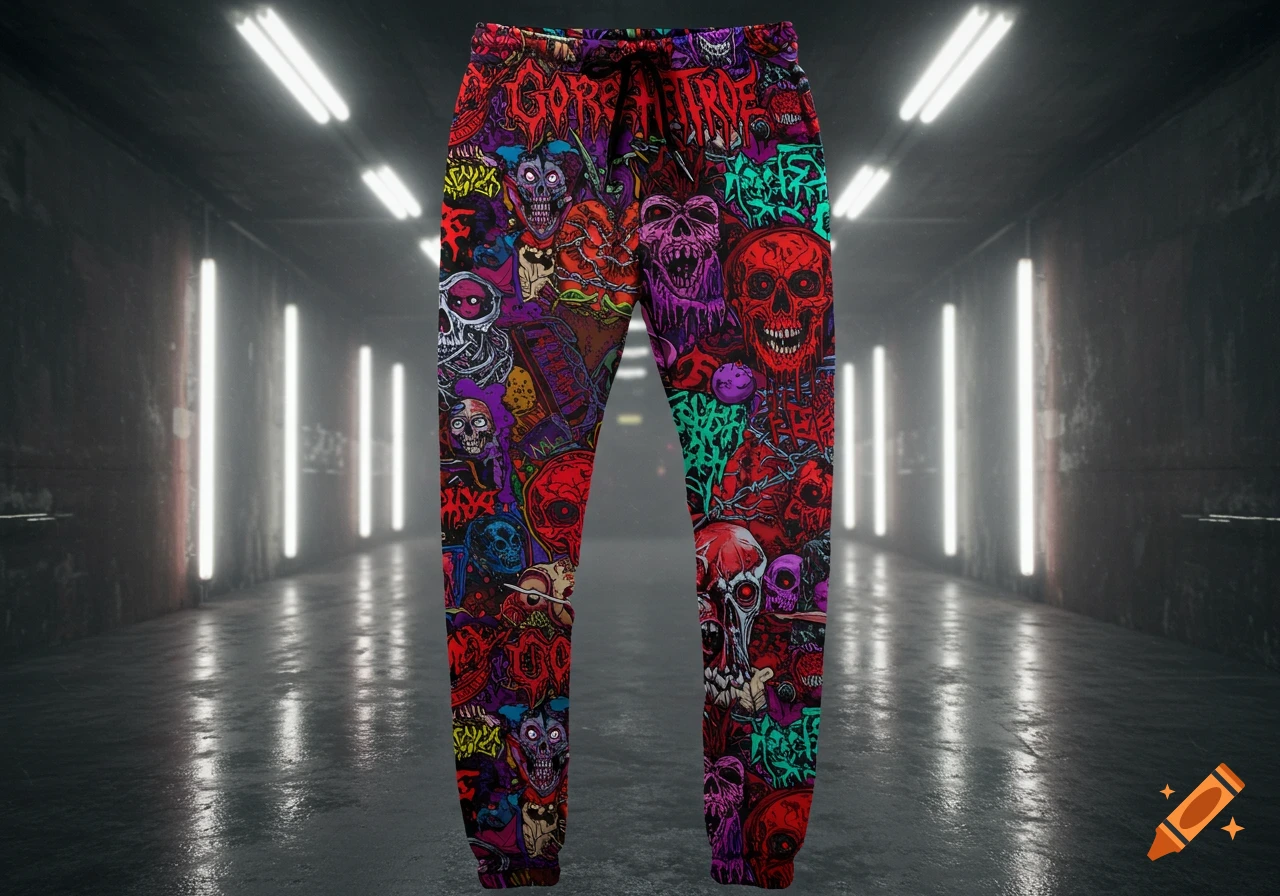 Vibrant gorecore-style sweatpants with skulls and monsters, displayed in a dimly lit hallway with neon lights.