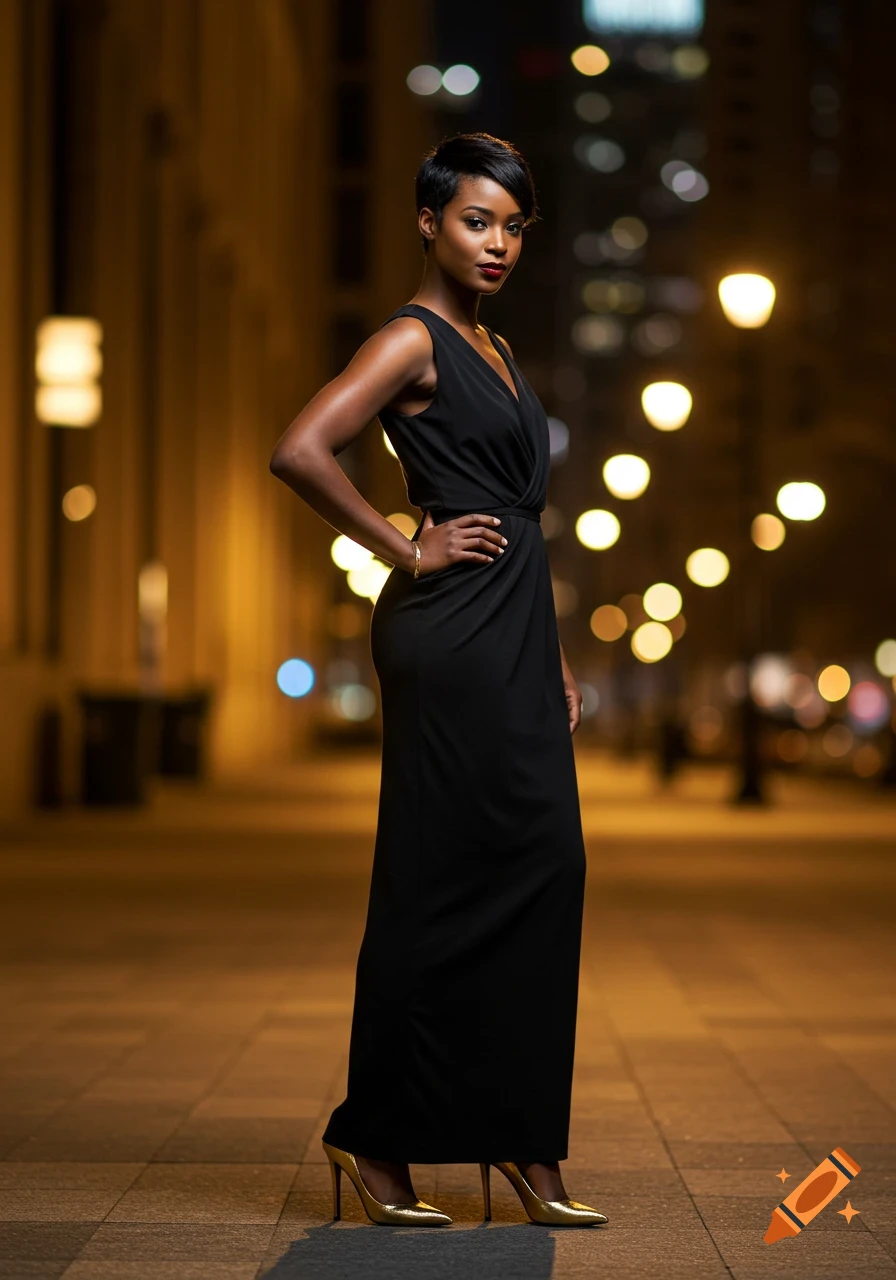 Photorealistic portrait of an African American woman in a black dress and gold heels posing at night in a city.