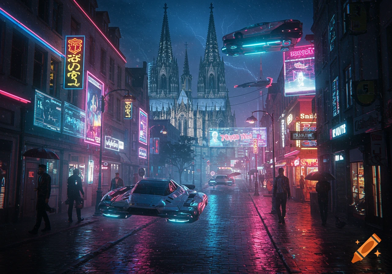 A dark, rainy cyberpunk city street with neon signs in pink and blue, flying cars, and a gothic cathedral in the background.