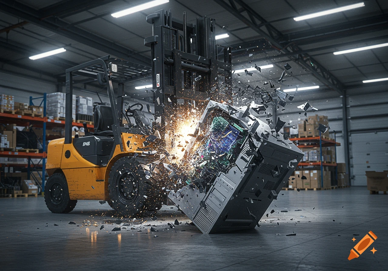 Photorealistic image of a yellow forklift smashing a desktop computer in a warehouse, creating a shower of sparks and debris.