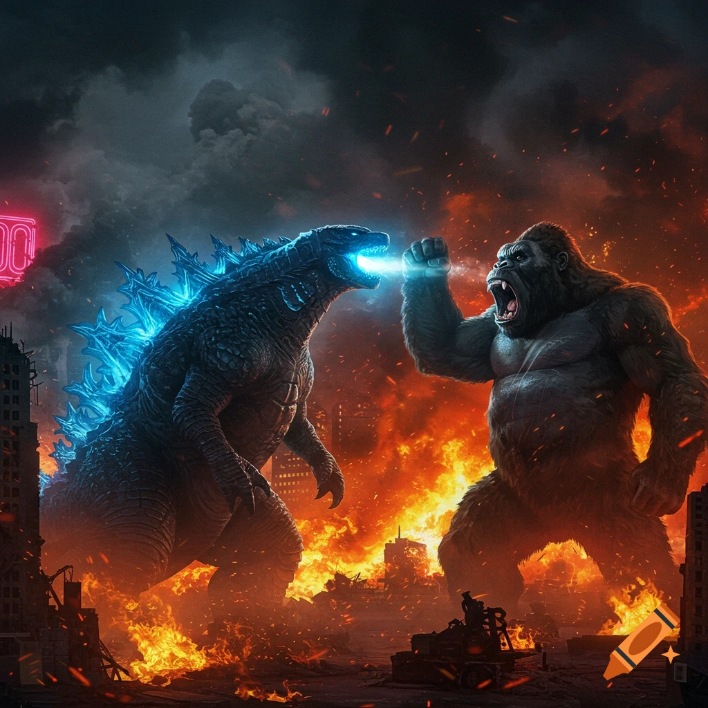 Godzilla and King Kong battle amidst a burning, destroyed city at night, Godzilla firing a blue atomic breath.