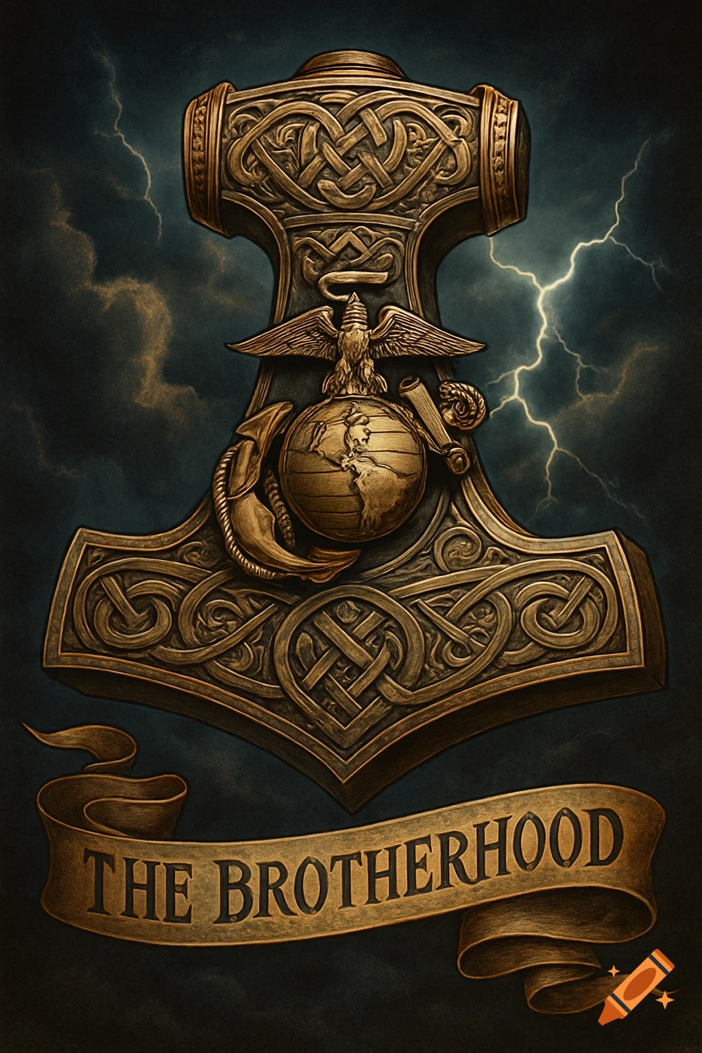 Ornate Thor's Hammer with Marine Corps EGA emblem, stormy sky, and 'THE BROTHERHOOD' banner.