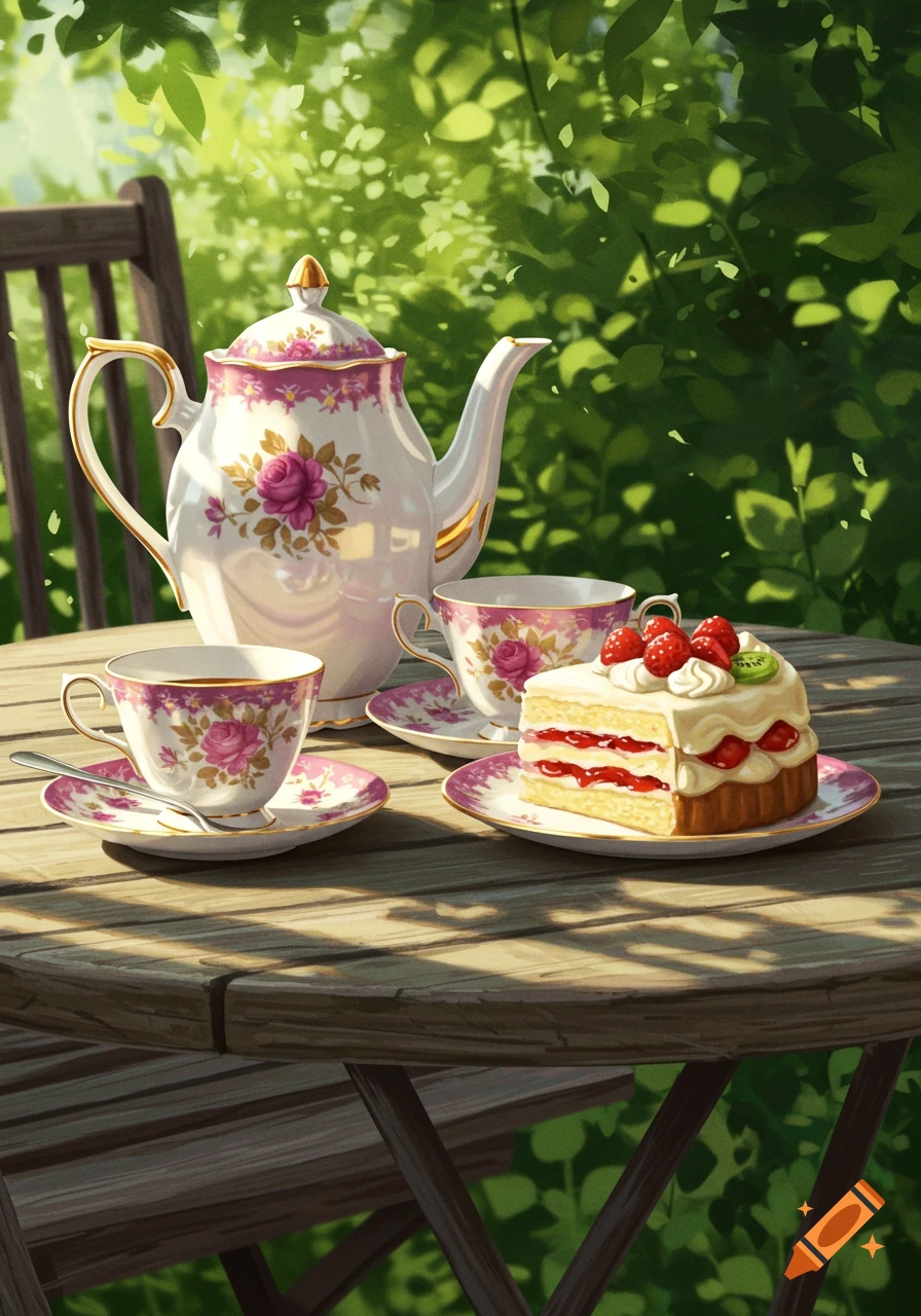 Close-up illustration of a vintage floral tea set and a berry cake on a wooden garden table with blurred greenery.