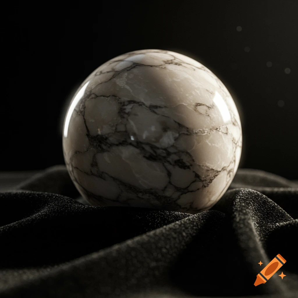 Hyperrealistic macro photograph of a smooth marble sphere with intricate patterns, resting on black velvet, with soft studio lighting.