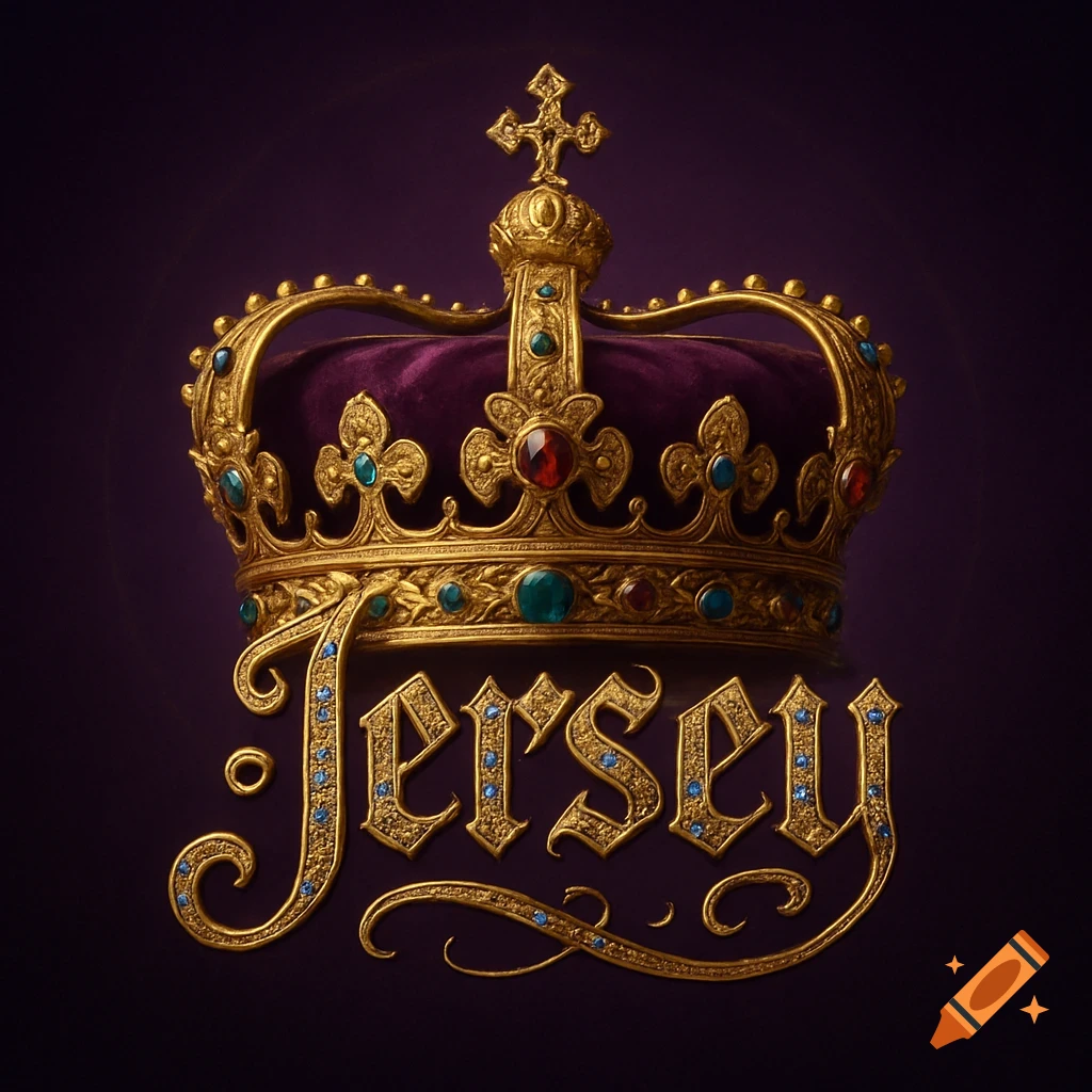 Ornate golden crown adorned with jewels and the stylized word 'Jersey' against a dark purple background.