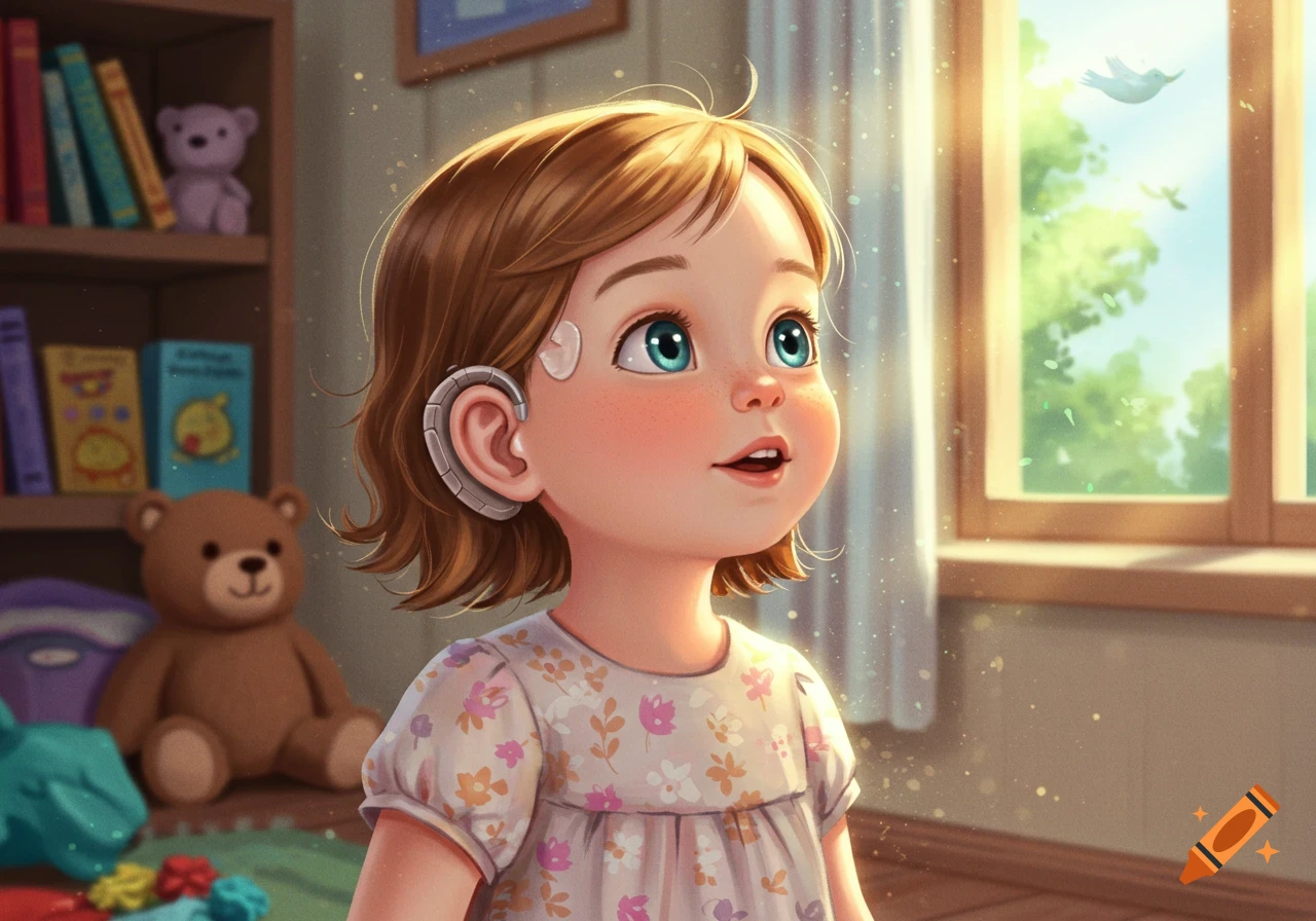 A cute cartoon girl with a hearing aid looks thoughtfully out a sunlit window in her brightly colored room.