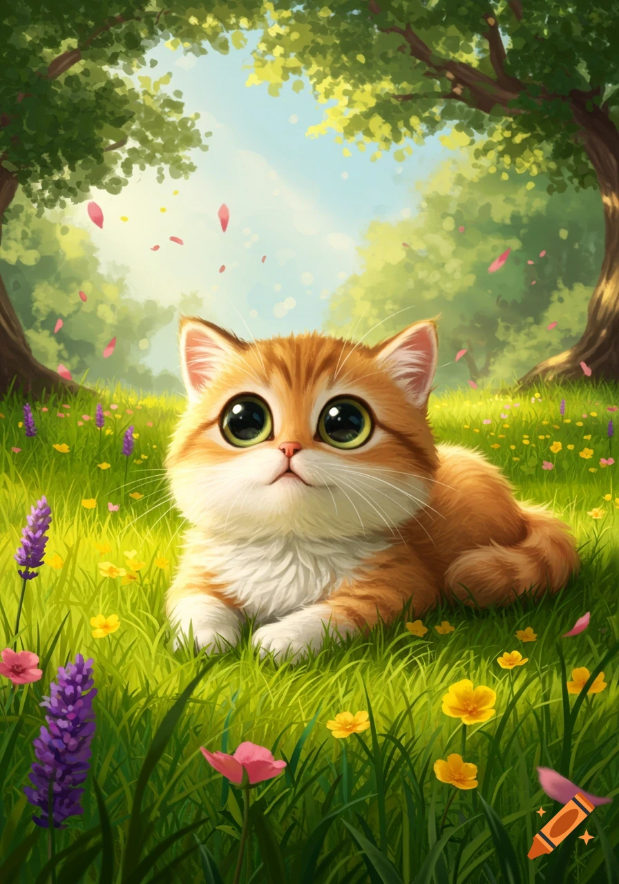 A cute orange and white kitten with large green eyes lies in a vibrant green meadow with colorful flowers and trees, illustration.
