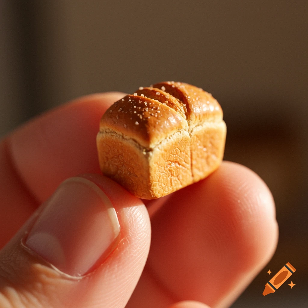 A tiny loaf of golden-brown bread, sprinkled with salt, held gently between a person's fingertips.