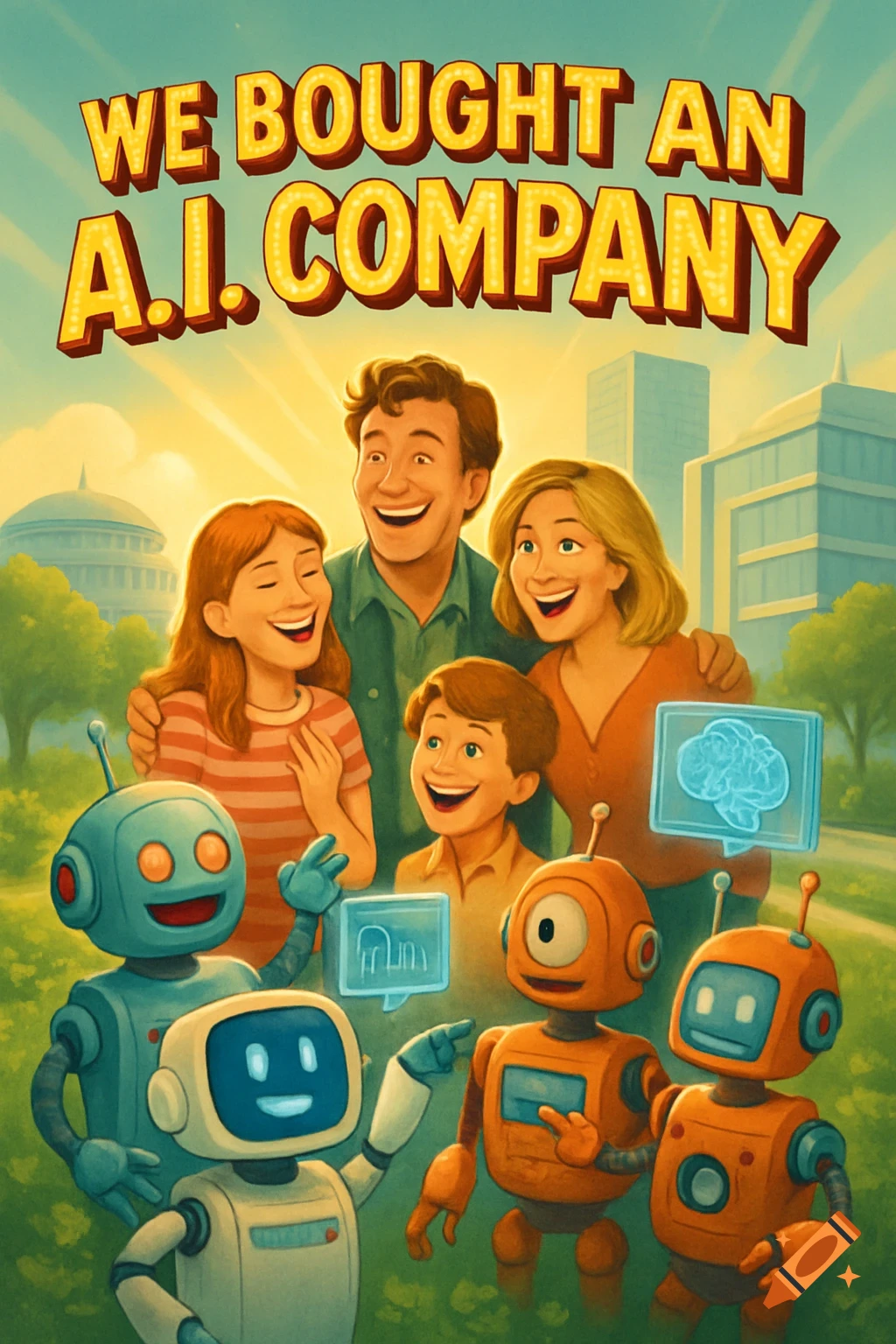 A smiling family of four with three friendly robots, standing under the title 'WE BOUGHT AN A.I. COMPANY' against a cityscape background.