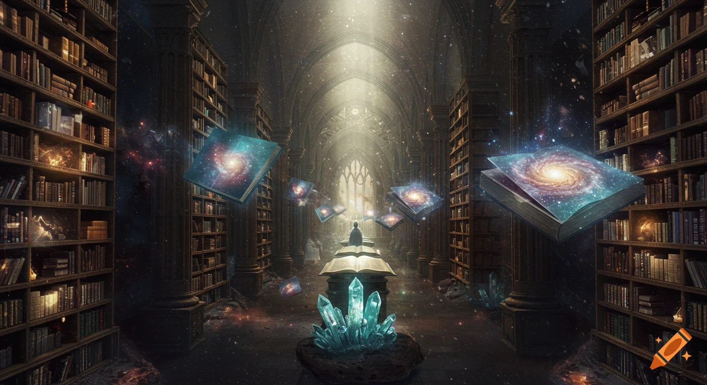 A vast, mystical library with towering shelves. Cosmic books float, glowing with galaxies. Turquoise crystals emit light in the foreground.