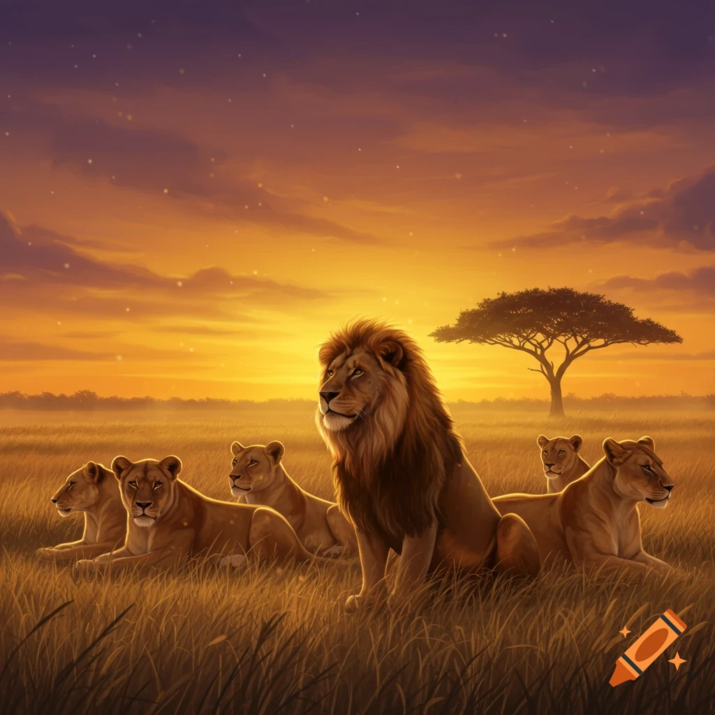 A pride of lions and lionesses resting in a savanna field under a beautiful orange and purple sunset with a lone acacia tree.