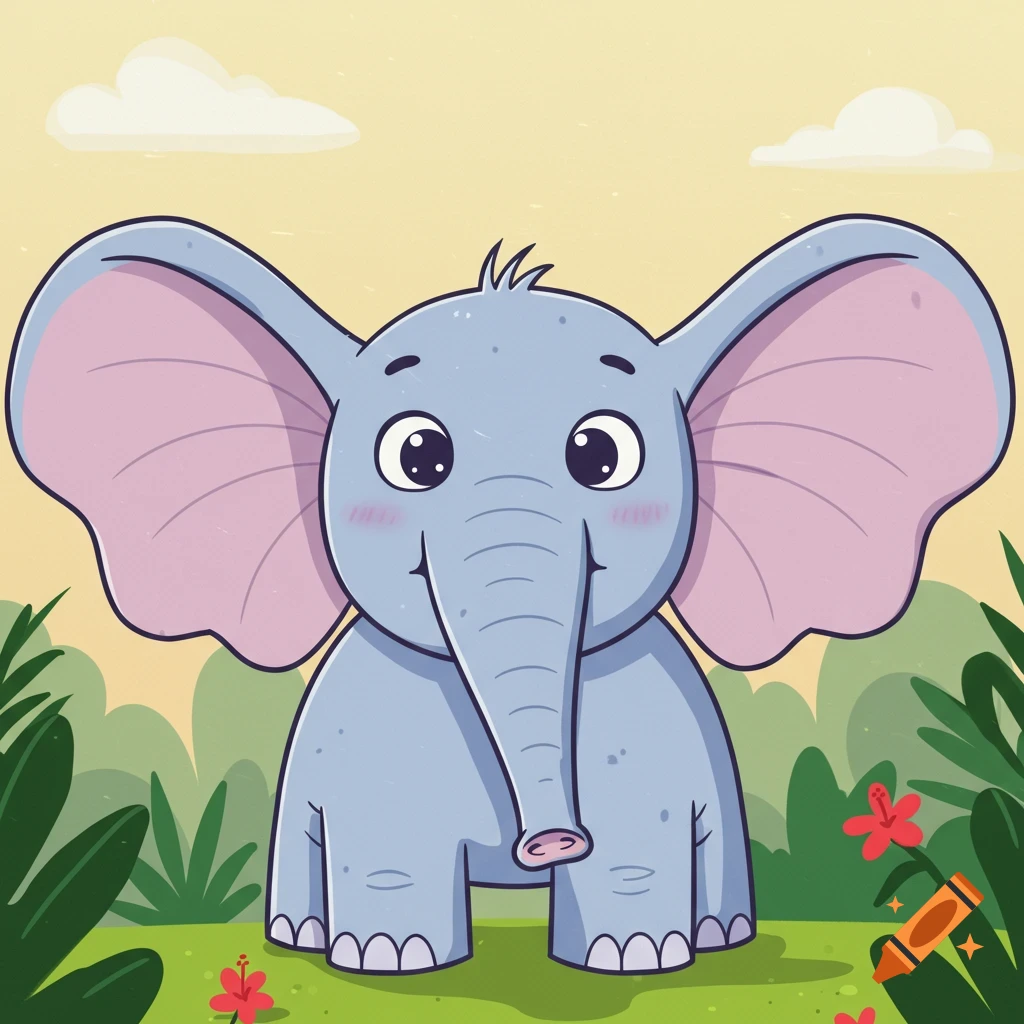 A cute, smiling cartoon baby elephant with large ears and a trunk stands in a lush green jungle scene under a yellow sky with clouds.