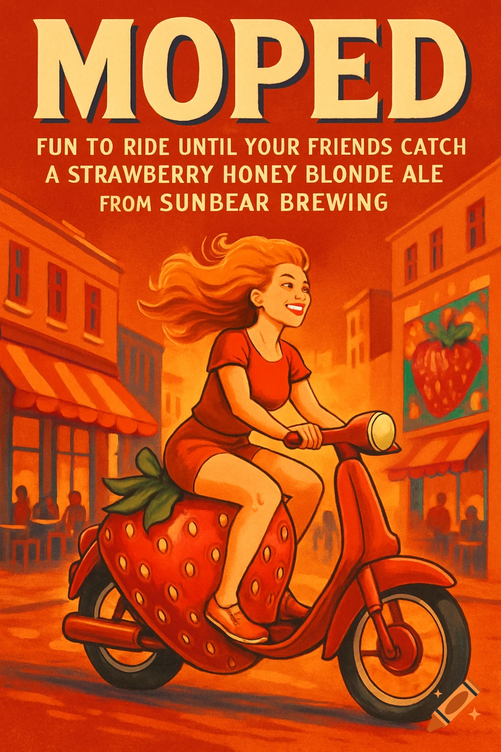 A retro-style illustration of a smiling woman riding a strawberry-shaped moped down a city street, with ad text for 'Strawberry Honey Blonde Ale'.