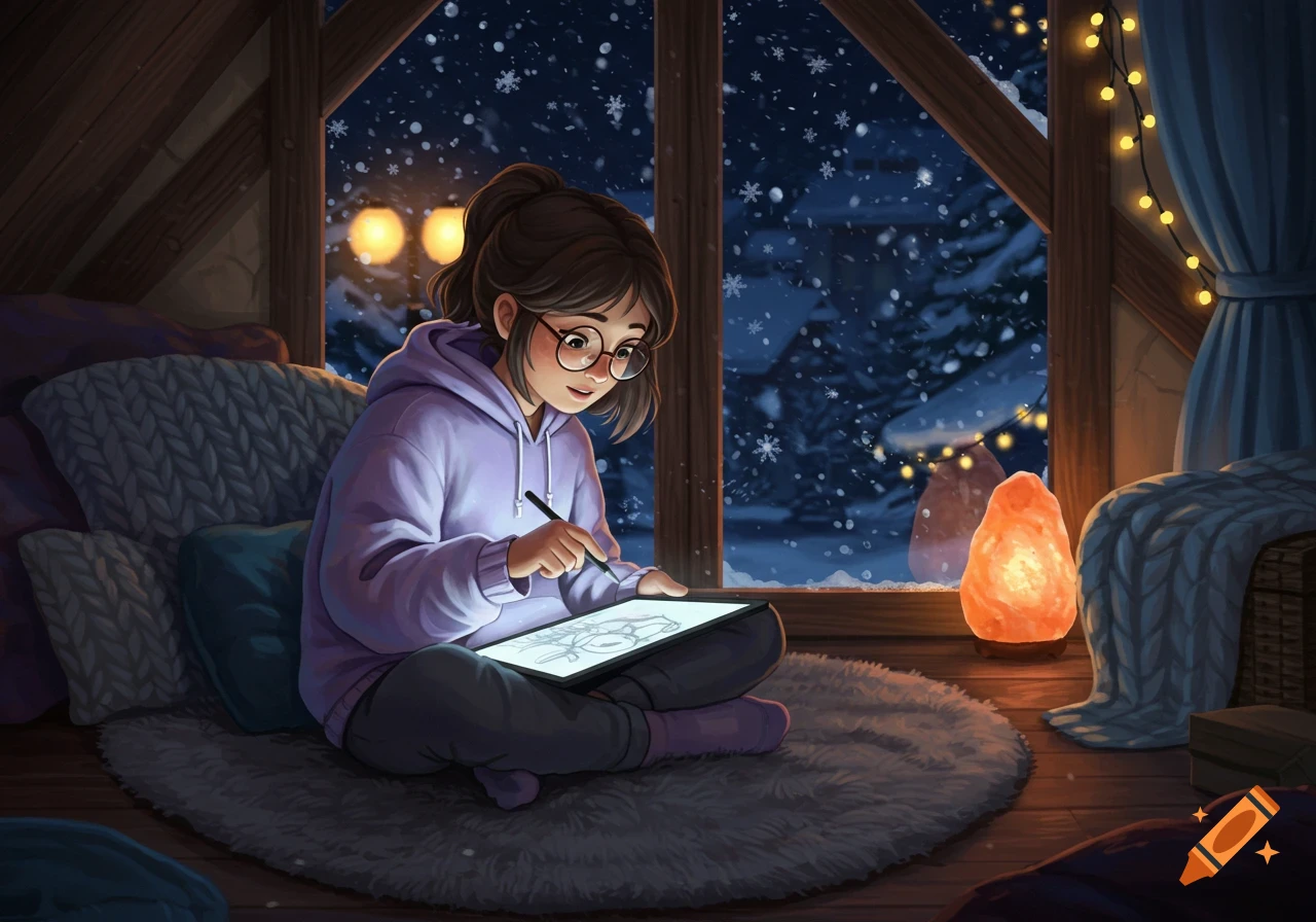 Illustrated girl in a purple hoodie drawing on a tablet in a cozy room with a snowy winter scene outside the window, warm string lights, and a salt lamp.