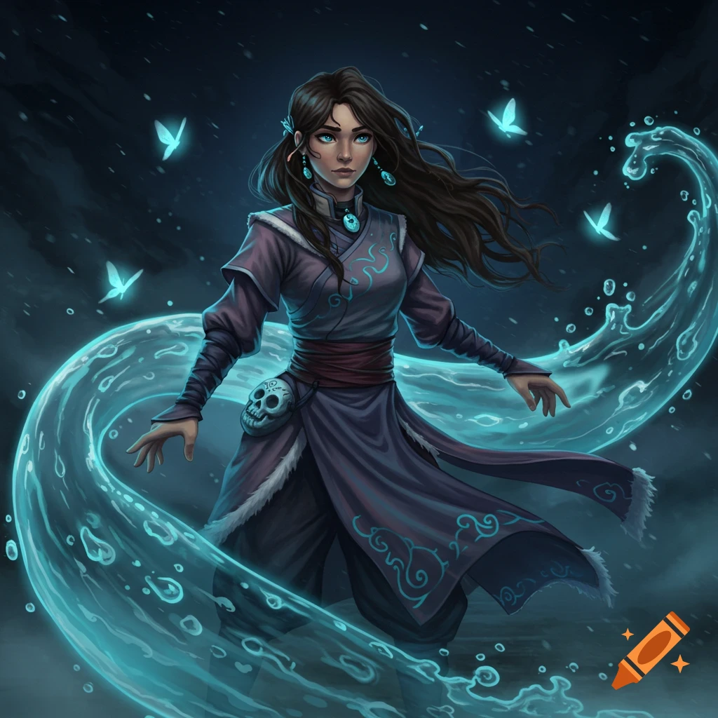 Young female waterbender with long brown hair, wearing Water Tribe clothing, manipulates glowing blue water and ethereal butterflies in a misty, moonlit scene. Anime style.