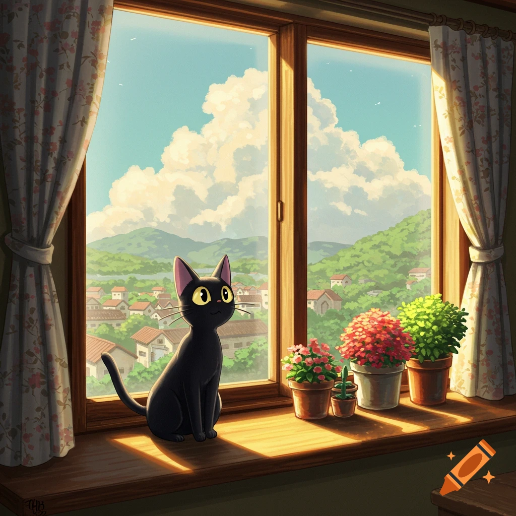 An anime-style black cat sits on a sunny windowsill, looking out at a village, green hills, and a cloudy sky.