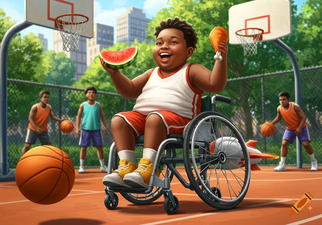 A smiling Black boy in a wheelchair holds a watermelon slice and fried chicken on a basketball court with other boys.