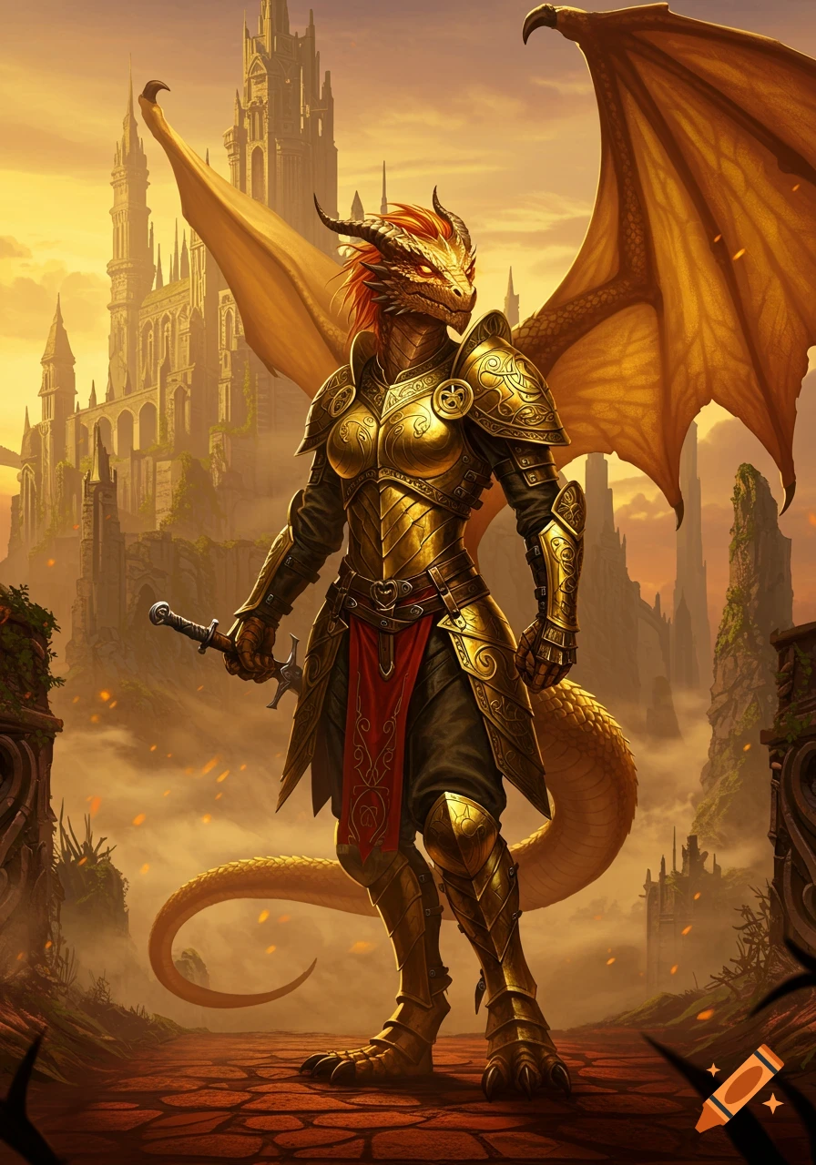 Golden armored female Dragonborn warrior holding a sword in front of a grand fantasy castle at sunset.