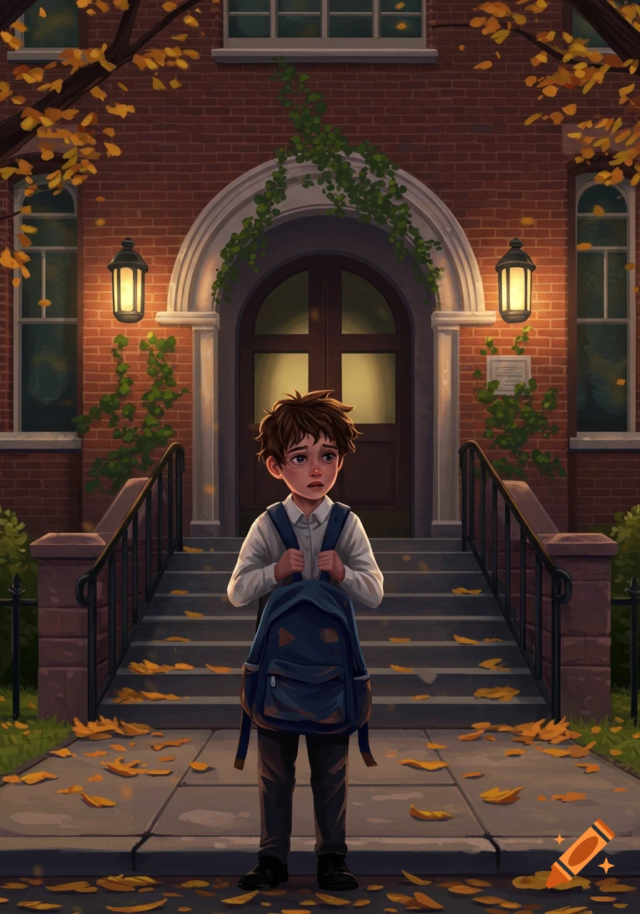 A nervous boy with a backpack stands in front of a brick school building adorned with autumn leaves in an illustration style.