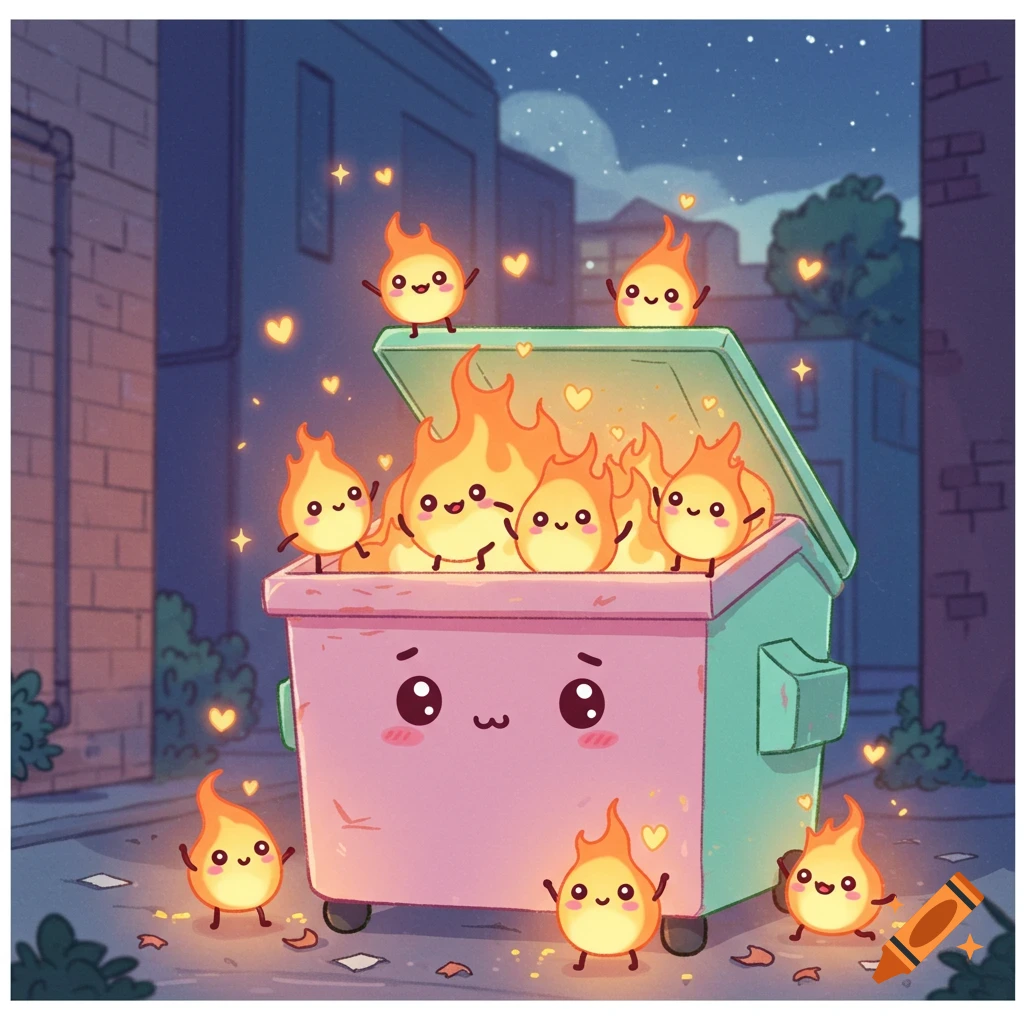 Kawaii illustration of a happy pink dumpster surrounded by cute, smiling fire creatures in a dark alley at night.