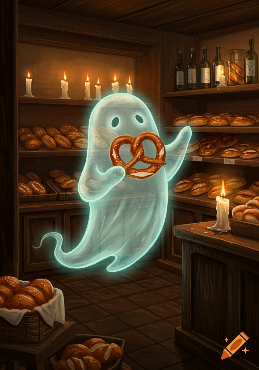 A translucent, glowing ghost holds a large pretzel in a rustic bakery filled with shelves of bread and lit candles.