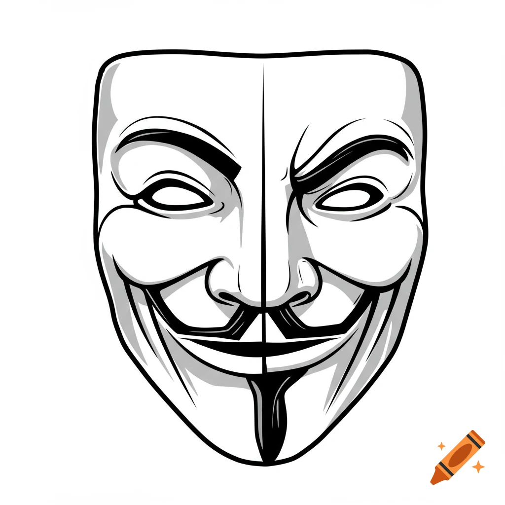 Stylized black and white Guy Fawkes-inspired mask, split with a playful left and stern right half, vector illustration.