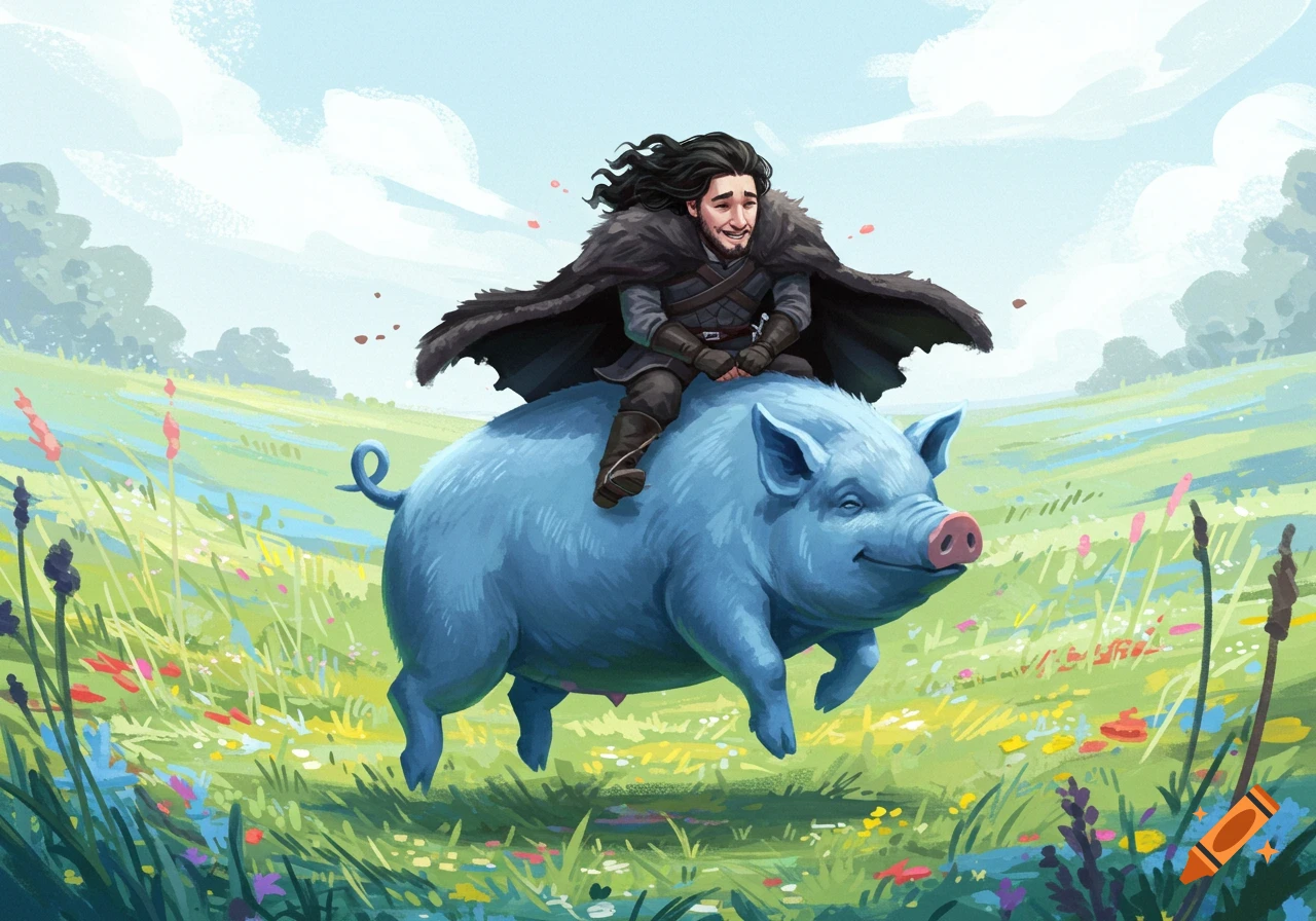 Cartoon illustration of Jon Snow riding a smiling blue pig through a colorful green field under a blue sky.