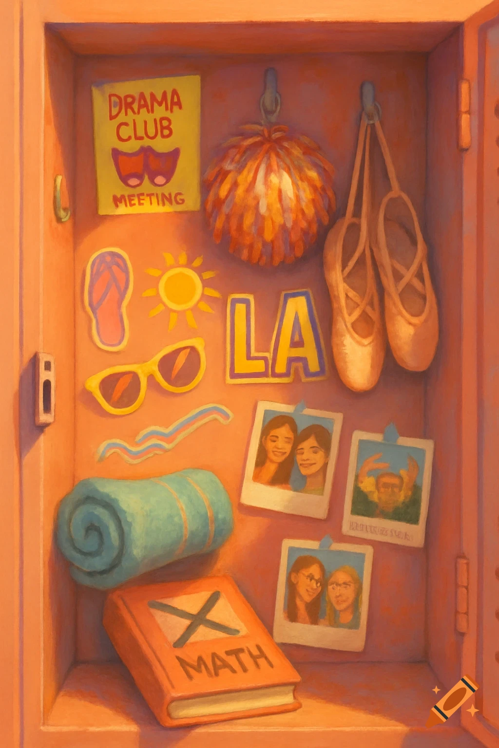 A colorful illustration of a girl's locker filled with personal items like a 'Drama Club' poster, 'LA' letters, ballet shoes, a pom-pom, a 'MATH' book with an 'X', and photos of friends.