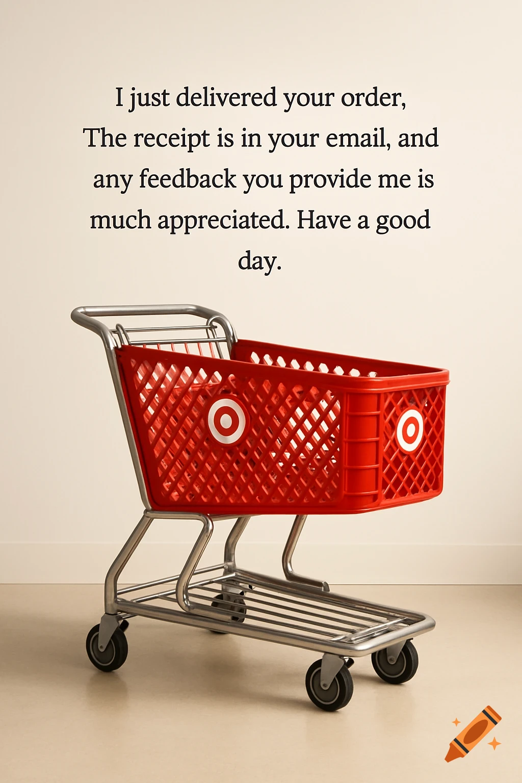 A red Target shopping cart on a light background with text above it about an order delivery and feedback.