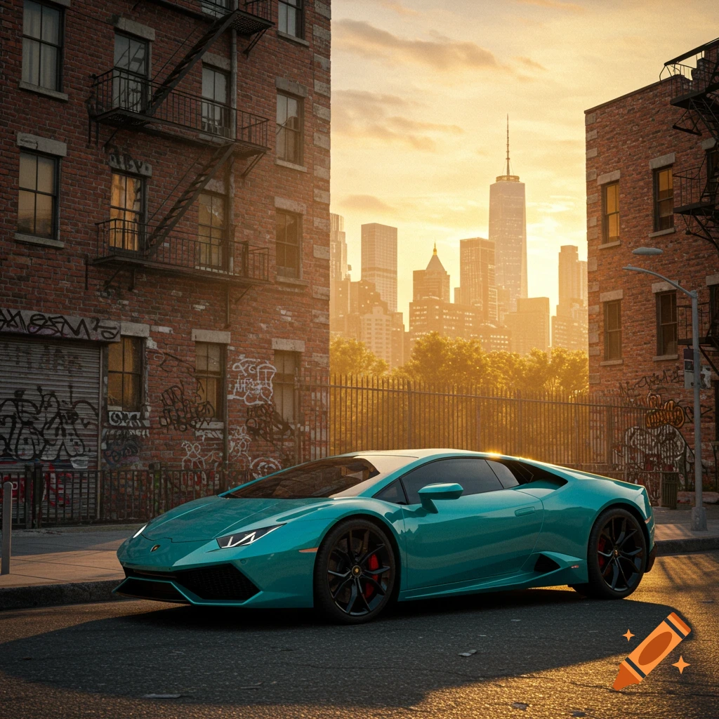 A teal Lamborghini sports car parked on a street in a city, with brick buildings and a skyline at sunset.