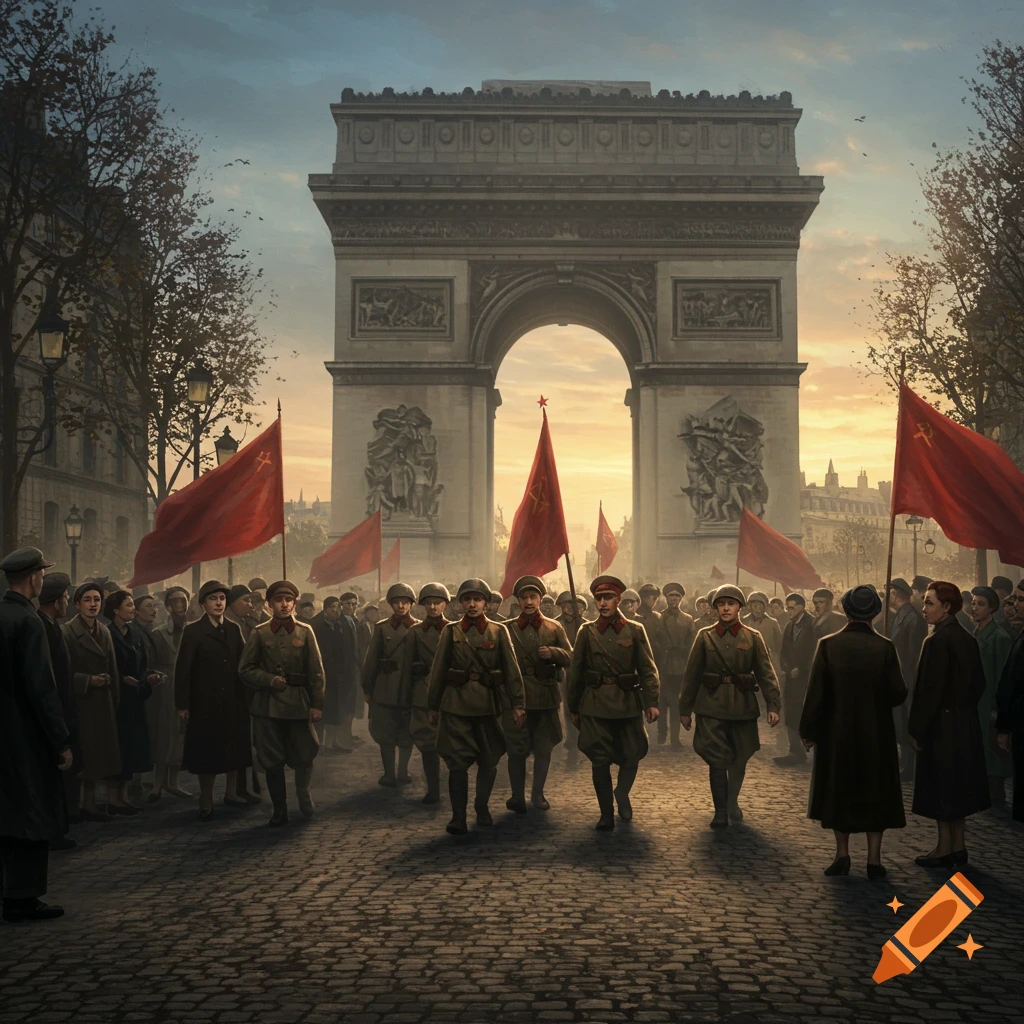 Red Army soldiers with flags march through Paris's cobbled streets past the Arc de Triomphe at sunset.