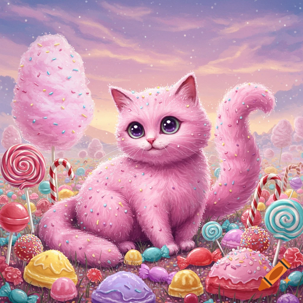 A fluffy pink cat covered in sprinkles sits among colorful lollipops and candies in a sweet fantasy landscape.