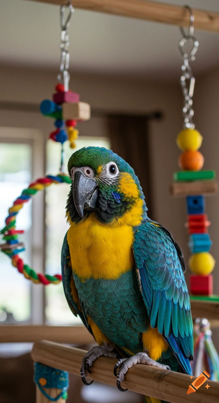 A vibrant Blue-and-Gold Macaw with a yellow chest and blue-green wings perches on a wooden bar surrounded by colorful bird toys, in a soft-focus indoor setting.